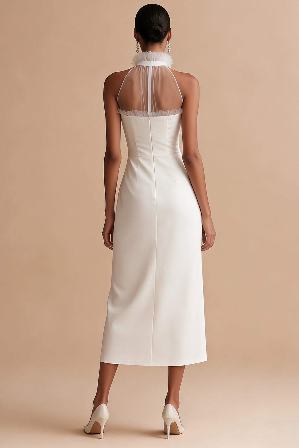 White Sheath Round Neck Ruffled Maxi Engagement Dress