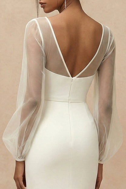 White Long Mermaid Bateau Neck Engagement Dress with Sleeves