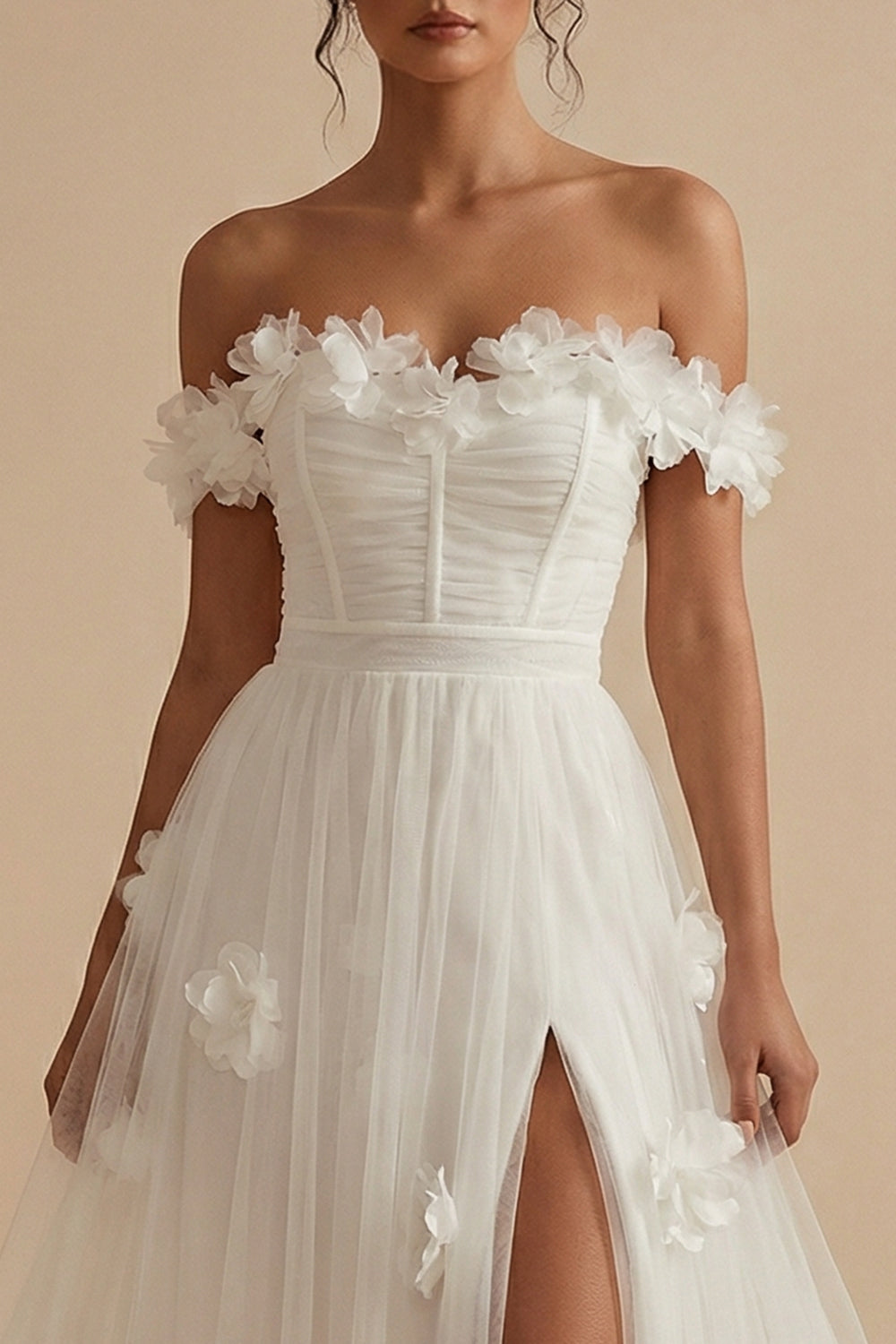 White Corset Off the Shoulder Long Floral Wedding Reception Dress with Slit
