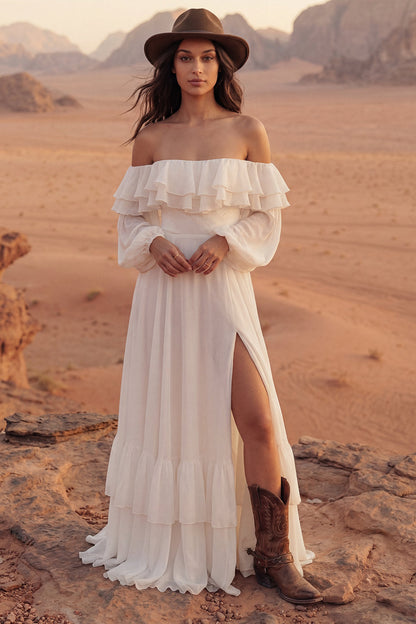 Maxi A Line Ivory Beach Wedding Dress with Ruffles