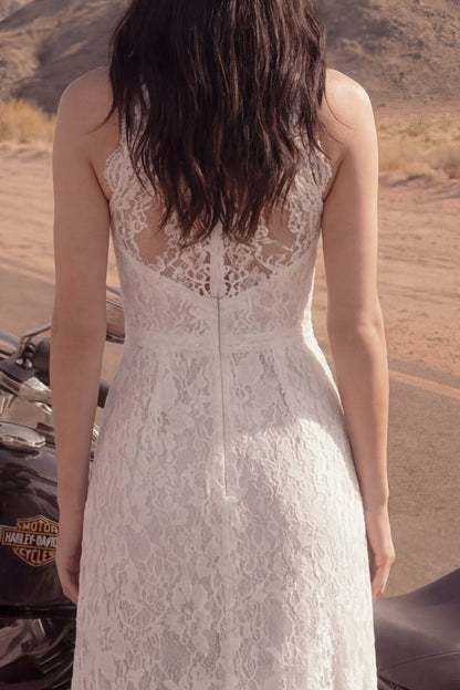 Sheath Floral Ivory Lace Maxi Boho Wedding Dress with Slit