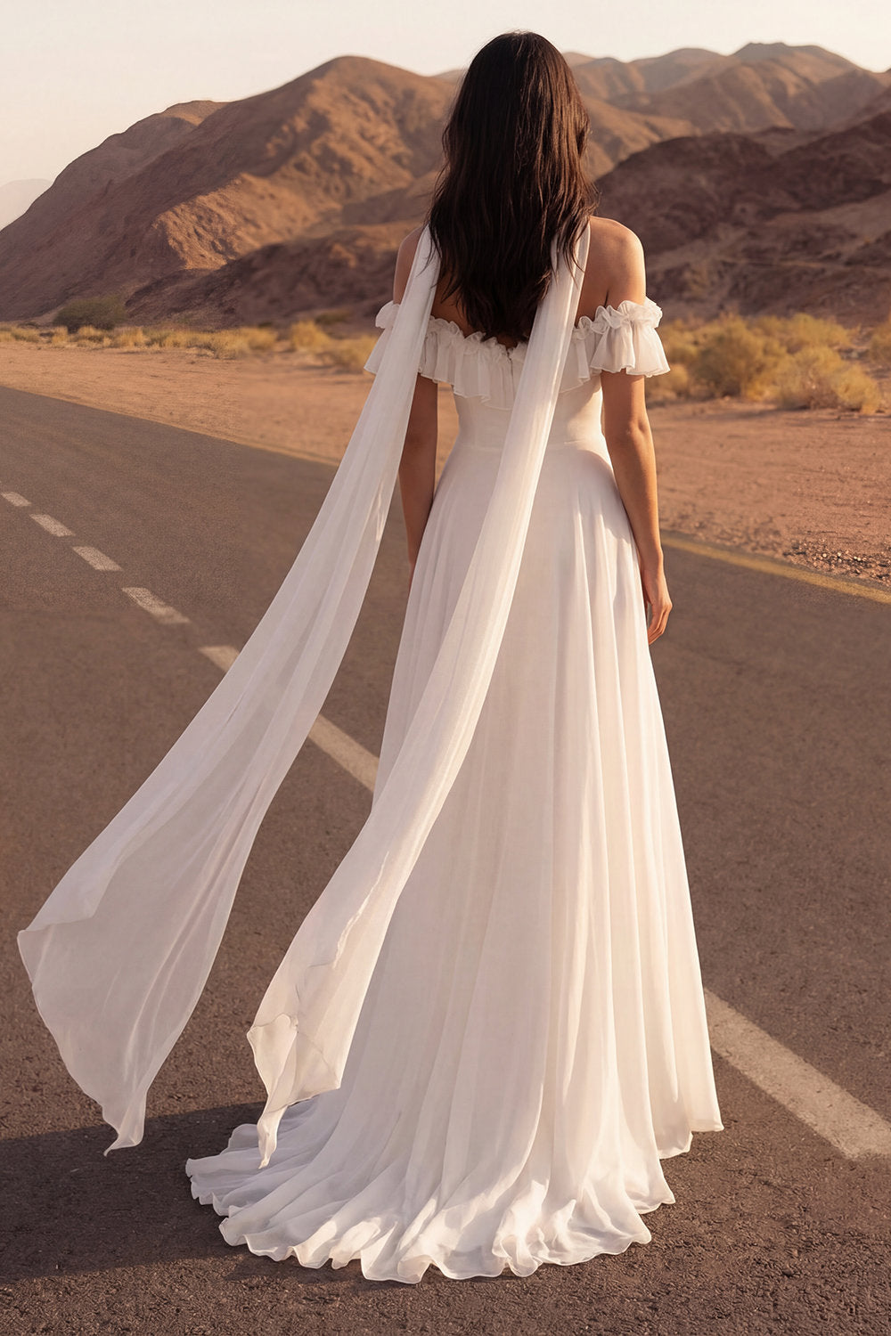 A Line Ivory Neck Scarf Ruffled Chiffon Beach Wedding Dress