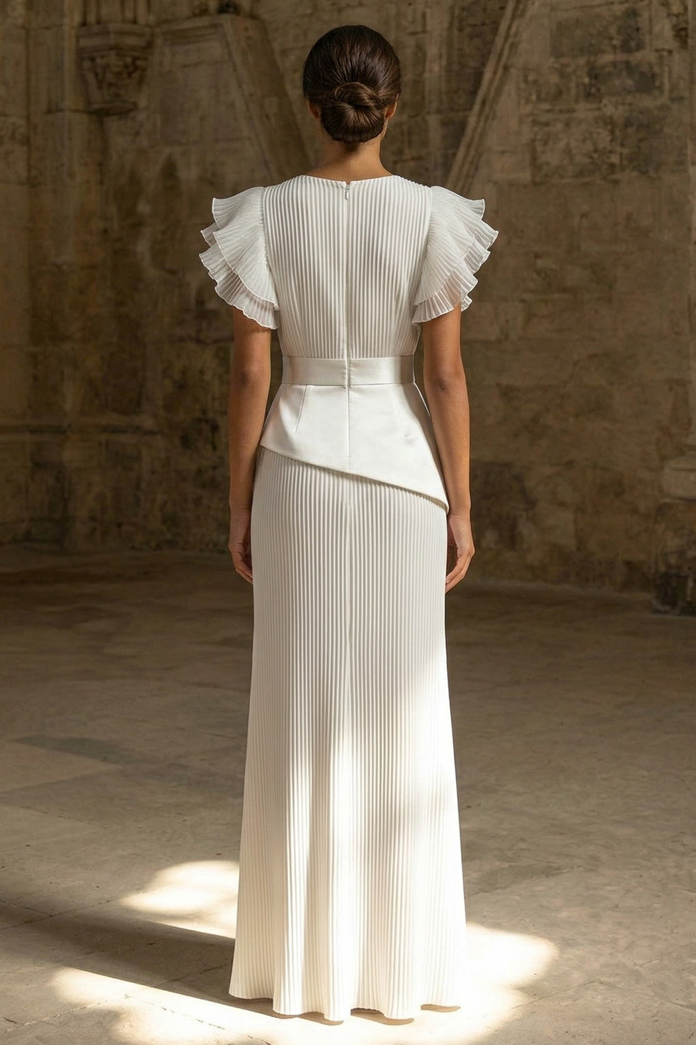 Sheath Maxi White Round Neck Pleated Beach Wedding Dress with Ruffles