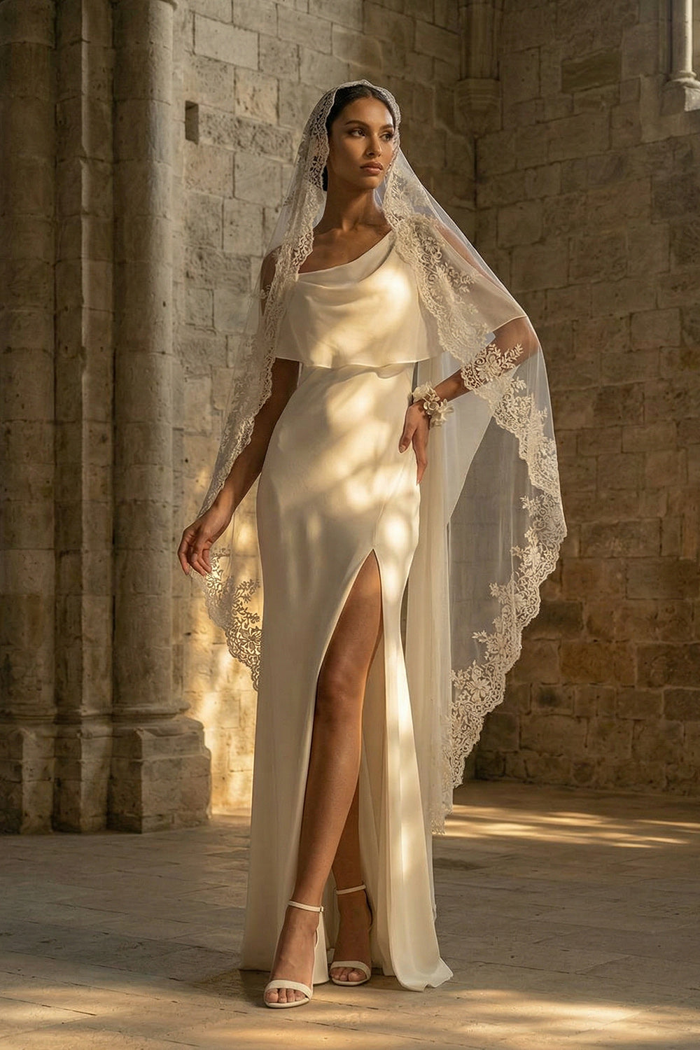 Sheath Maxi White Spaghetti Straps Beach Wedding Dress with Cape