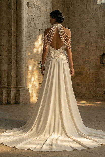 Mermaid Beaded Ruched White Maxi Boho Wedding Dress