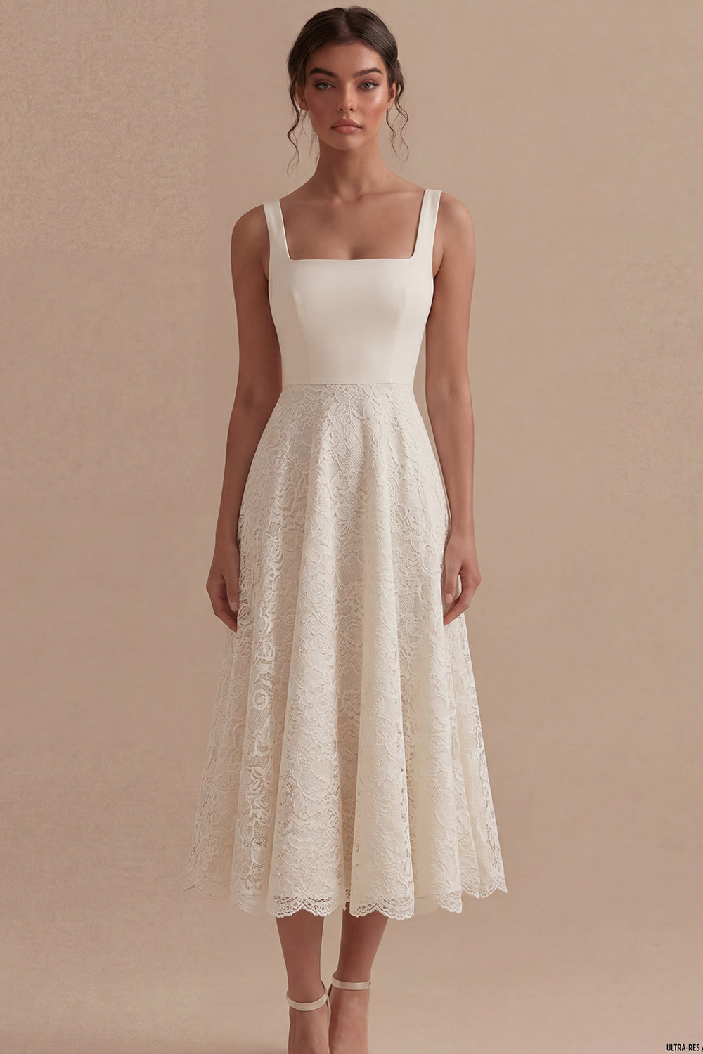 Square Neck Ivory Floral A Line Maxi Boho Lace Wedding Dress