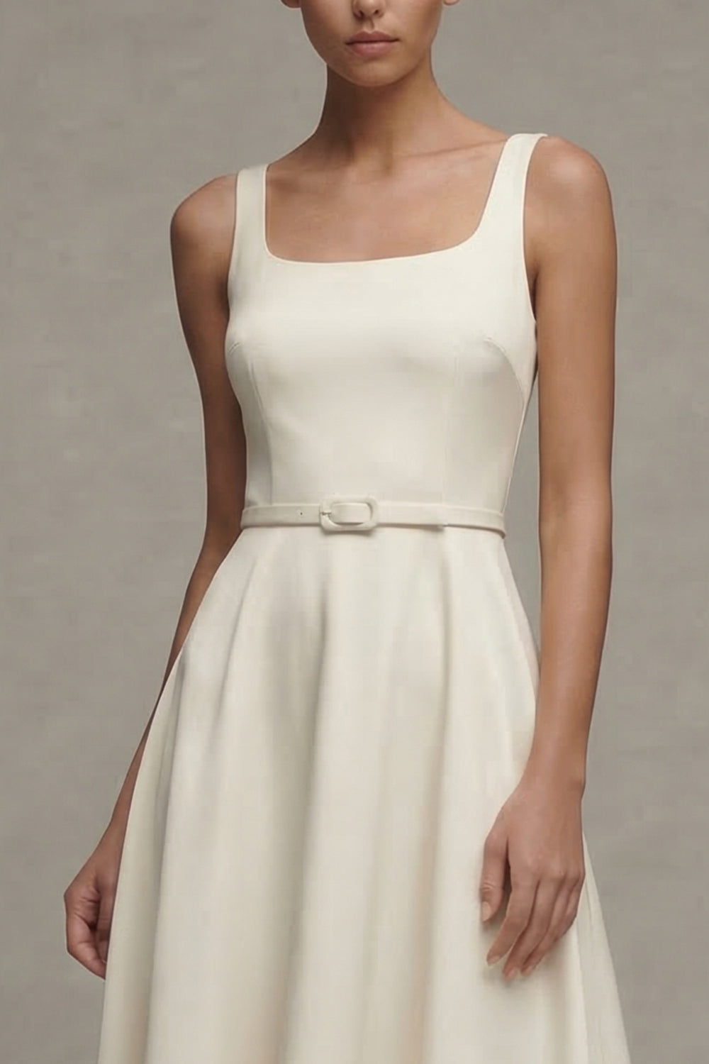 Simple Ivory A Line Square Neck Maxi Beach Wedding Dress with Belt
