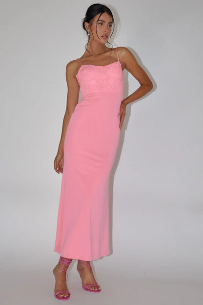 Likita Floral Applique Bodice Maxi Dress Pink