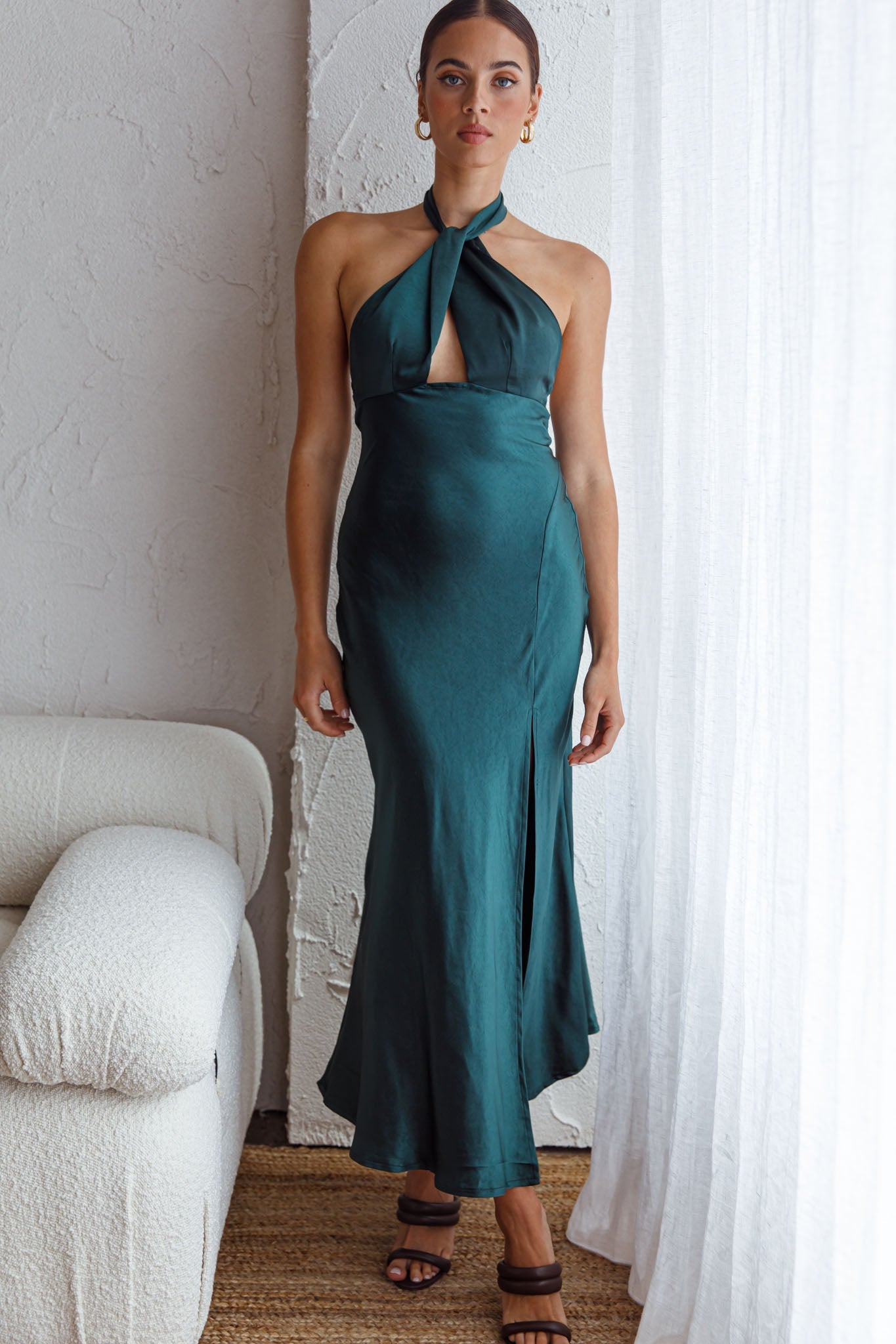 Te Amo Halterneck Open Back Midi Dress Forest Green