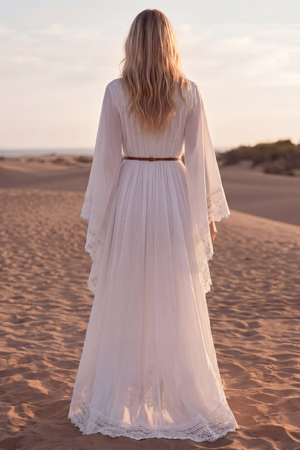 White V-Neck A Line Long Sleeves Beach Western Wedding Dress with Lace