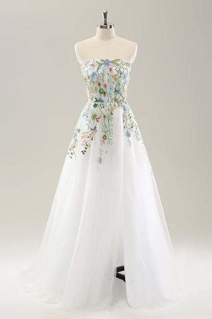 White A Line Strapless Tulle Slit Wedding Dress with 3D Flowers