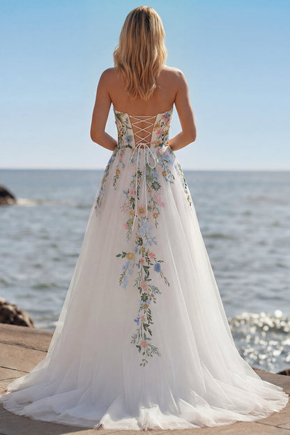 White A Line Strapless 3D Flowers Tulle Wedding Dress with Slit