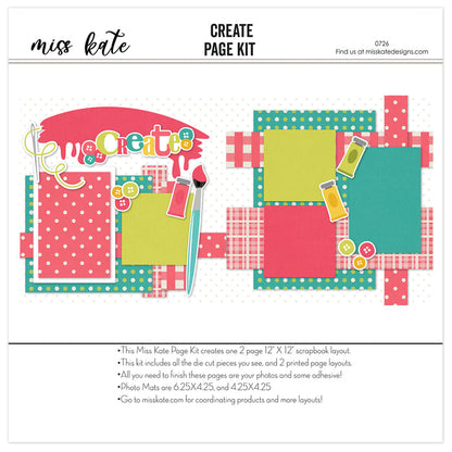 Create 12x12 scrapbook page kit shown with polka dot patterned papers, pink plaid paper strips, paint brush die cut, colorful paint tubes, button embellishments, thread and needle design, create title phrase, paint splash background. Designed for Crafting Scrapbook Page Kit, Creative Hobby Scrapbook Layout, layered craft photo mats, bright handmade theme, two page creative layout, coral teal green and yellow palette.