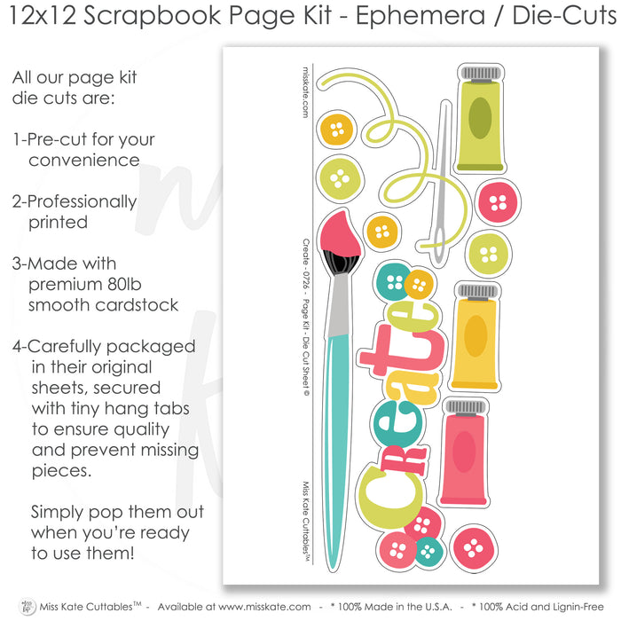 Coordinated Create memory-keeping layout with pink plaid paper strips, paint brush die cut, colorful paint tubes, button embellishments, thread and needle design, create title phrase, paint splash background, layered craft photo mats. Designed for Creative Hobby Scrapbook Layout, Art Supplies Scrapbook Pages, bright handmade theme, two page creative layout, coral teal green and yellow palette, polka dot patterned papers.