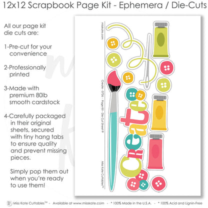 Coordinated Create memory-keeping layout with pink plaid paper strips, paint brush die cut, colorful paint tubes, button embellishments, thread and needle design, create title phrase, paint splash background, layered craft photo mats. Designed for Creative Hobby Scrapbook Layout, Art Supplies Scrapbook Pages, bright handmade theme, two page creative layout, coral teal green and yellow palette, polka dot patterned papers.