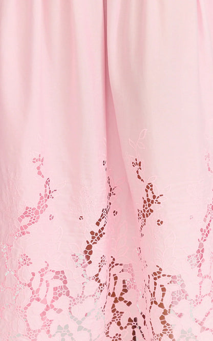 Everly Maxi Dress - Straight Neck Broderie Cut Out Hem Dress in Pink