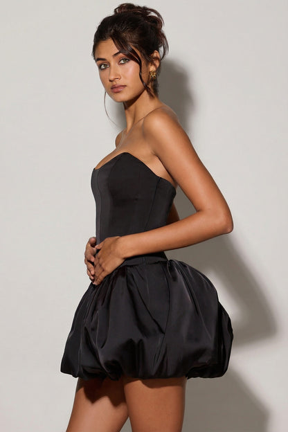 Lace-Up Bubble Hem Corset Micro Mini Dress in Black
