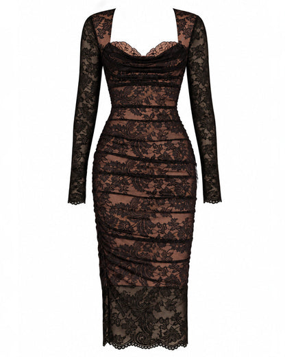 Outline image of Sweetie Long Sleeve Column Dress - Lace Black/Tawny